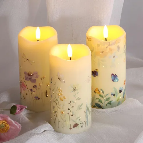 Miniatura 7 de Eywamage Velas de pilar de fibra óptica sin llama con control remoto, juego de 3, velas LED de resorte floral de mariposa, funciona