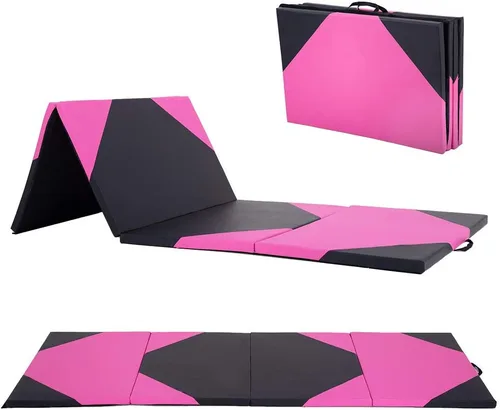 Miniatura 20 de Colchoneta de gimnasia portátil plegable de 4 x 8/2 x 6 pies, tapete de ejercicio de piel sintética con asas de transporte para entrenamiento en Rosa