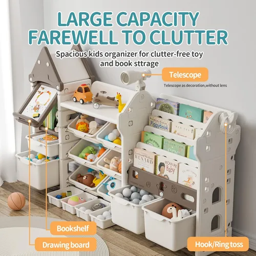 Miniatura 6 de UNICOO Organizador de almacenamiento de juguetes para niños con estantería, organizador de sala de juegos de 14 cubos y estantería, estante de Marrón