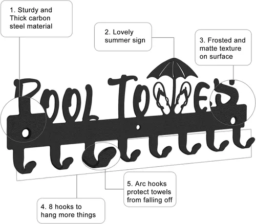 Miniatura 3 de IBosins Toallero de piscina con 8 ganchos, toallero montado en la pared para exteriores o baño, colgador de toallas para colgar albornoces, toallas