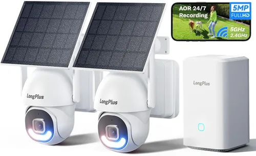 LongPlus Sistema de cámara de seguridad de 5MP inalámbrico para exteriores, sin suscripción, alimentado por energía solar, sistema de cámara de
