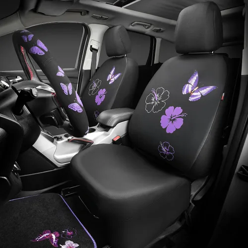 Miniatura 2 de CAR PASS Juego completo de fundas de asiento de coche de tela universal con mariposas, alfombrillas de coche impermeables bordadas con flores, funda