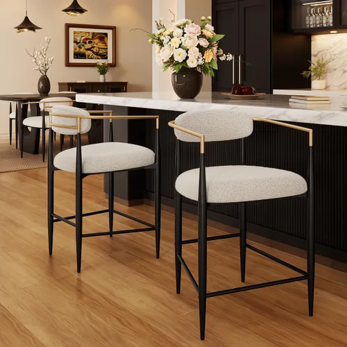 Miniatura 9 de Morden Fort Juego de 2 taburetes de bar de altura de mostrador, modernos taburetes tapizados con respaldo alto y patas de metal negro, sillas