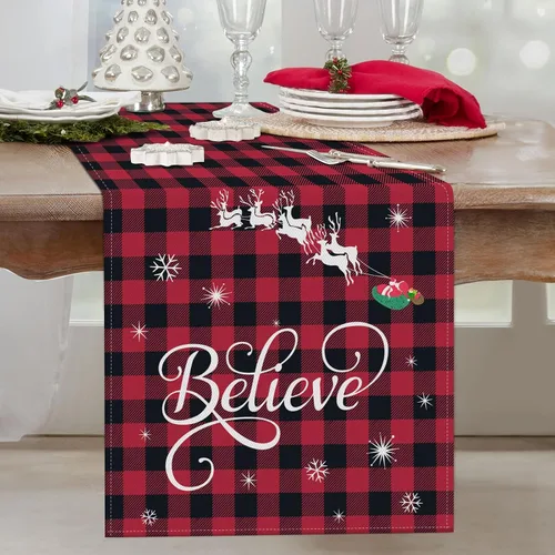Bonhause Camino de Mesa Navideño a Cuadros Buffalo Rojo y Negro de 13x72 Pulgadas Xmas Believe Trineo Decoración Estacional de Invierno para Mesa de