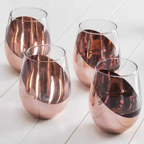 Miniatura 3 de MyGift Juego de 4 copas de vino sin tallo - Barware moderno con acento en cobre, elegantes copas para bodas y celebraciones con acabado metálico
