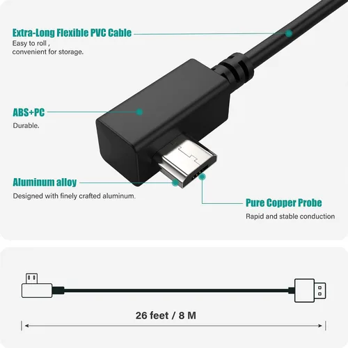 Miniatura 3 de TUSITA Cable de alimentación extra largo (26 pies 26.2 ft), cable extensor micro USB compatible con Garmin Dash Cam Mini 2, tándem