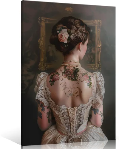 Miniatura 19 de Pintura retro de chica con estilo vintage en lienzo con estampado de rosas, póster estético antiguo, chica victoriana de estilo moody, arte de pared