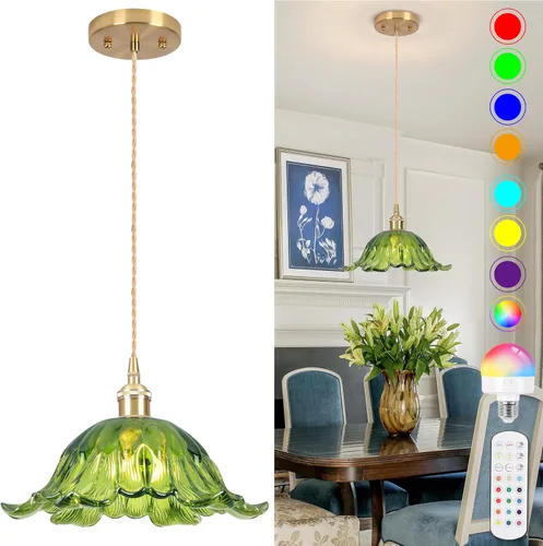 Miniatura 9 de Luces Colgantes para Isla de Cocina, Luz Colgante de Cristal Verde Accesorios de Iluminación Vintage, 9.4 pulgadas E26 Acabado Lámpara Colgante