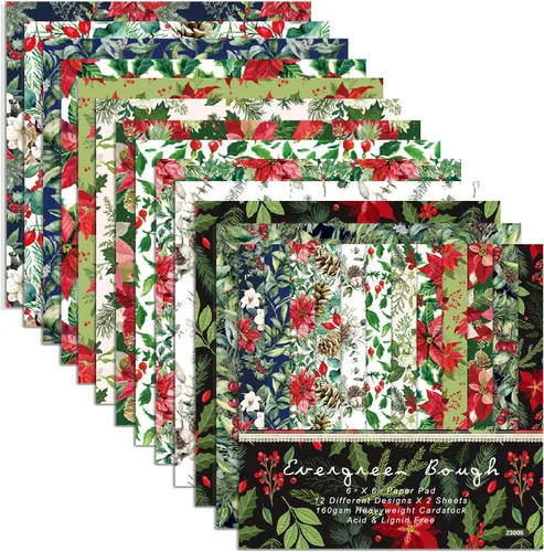 Papel de recortes de Navidad de Poinsettia, 24 hojas de 6 pulgadas, de una sola cara, sin ácidos, papel de patrón floral de Navidad plegado plano
