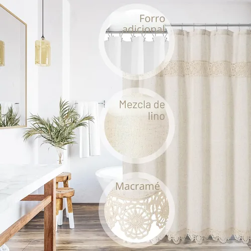 Miniatura 2 de Gibelle Juego de Cortina de Ducha Boho Farmhouse, Cortina de Ducha de Tela de Algodón y Lino con Decoración de Encaje Macramé, Cortina de Baño Beige