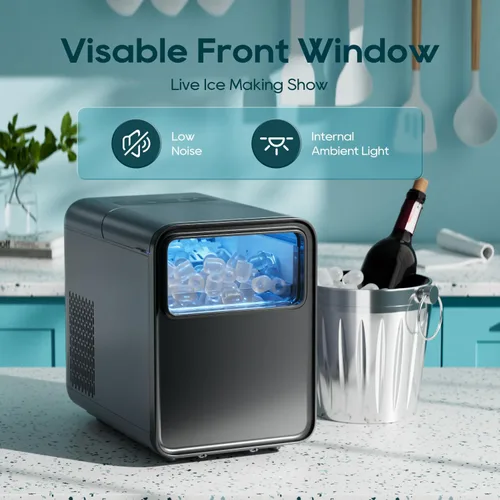 Miniatura 7 de BREEZOME Encimera para hacer hielo, 9 cubos de hielo en 6 minutos, máquina de hielo portátil autolimpiante con cesta y cuchara, 2 tamaños de hielo
