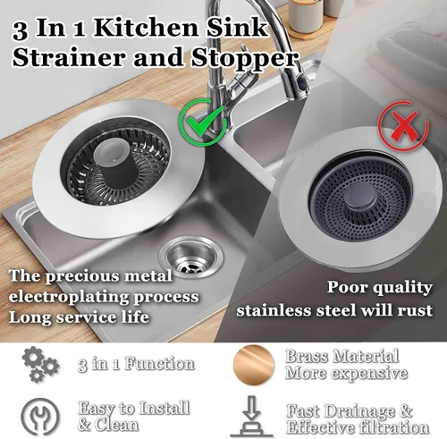 Miniatura 4 de BAOLSLS Tapón de fregadero de cocina 3 en 1, colador de drenaje emergente para fregadero de cocina, con un colador de cesta adicional, tapón