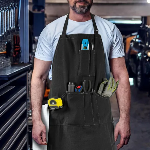 Miniatura 5 de opux Delantal de chef para hombres, delantal de cocina con bolsillos para mujer, delantal grande de lona unisex para cocinar, asar a la parrilla