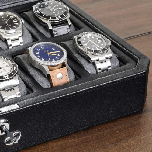 Miniatura 5 de ROTHWELL Caja de reloj de cuero con 12 ranuras para hombre, organizador de exhibición de lujo para relojes, forro de microgamuza, soporte