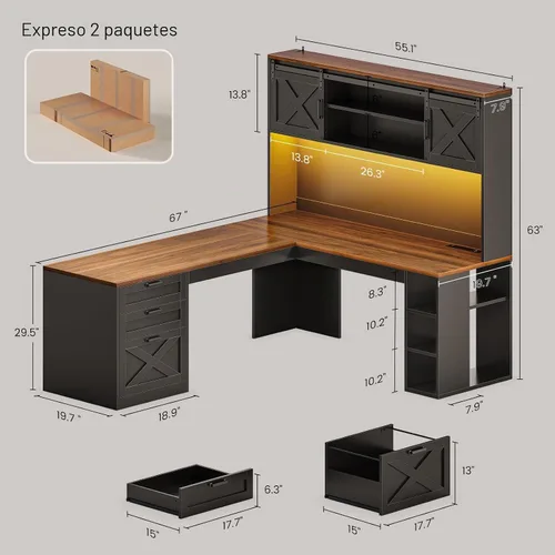 Miniatura 2 de SEDETA - Escritorio de 67 pulgadas en forma de L con gabinete, escritorios de oficina en casa con cajones y puertas correderas, escritorio esquinero