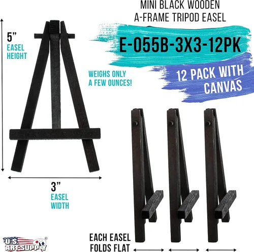 Miniatura 2 de U.S. Art Supply Lienzo estirado de 3 x 3 pulgadas con kit de mini caballete de 5 pulgadas (paquete de 12) - Soporte de mesa de madera negra