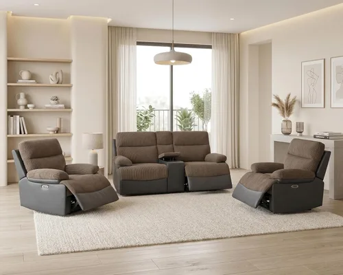 Miniatura 28 de Juego de 3 piezas para sala de estar, sofá reclinable eléctrico de cuero con puertos USB, iluminación LED y portavasos, asientos de cine en casa