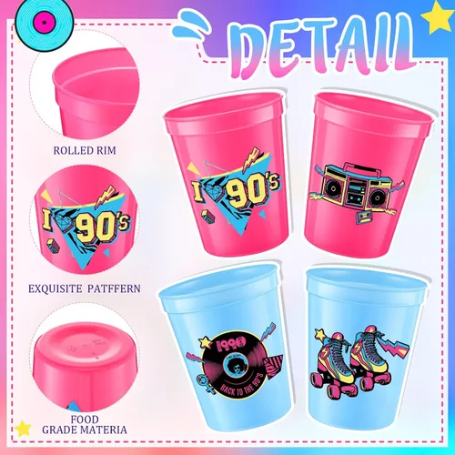Miniatura 2 de Funnymoom 24 tazas temáticas de los años 90 de 16 onzas, reutilizables, gruesas, retro, para fiesta, de plástico, rosa, rojo y azul, retro, música