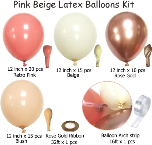 Miniatura 3 de Globos de látex retro rosa rubor, 60 globos de látex rosa polvoriento metálico cromado rosa rosa dorado beige rubor diseñados para celebraciones