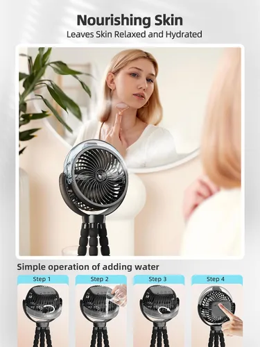 Miniatura 5 de Ventilador de cochecito nebulizador, ventilador portátil con batería de 6000 mAh con luz y giro de 360°, ventiladores personales con trípode