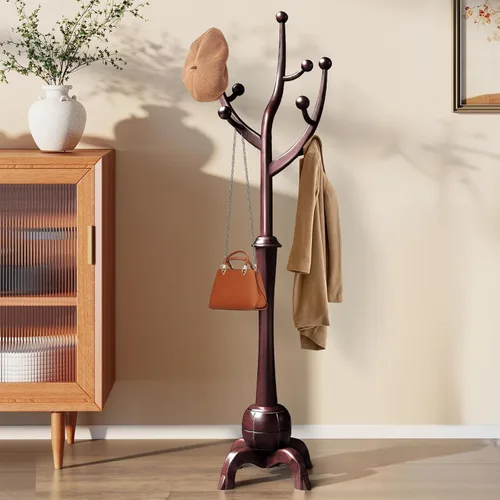 Miniatura 14 de Perchero de Madera Independiente con 8 Ganchos, Soporte para Abrigos de Servicio Pesado con Base Estable, Perchero Vintage de Pie para Entrada