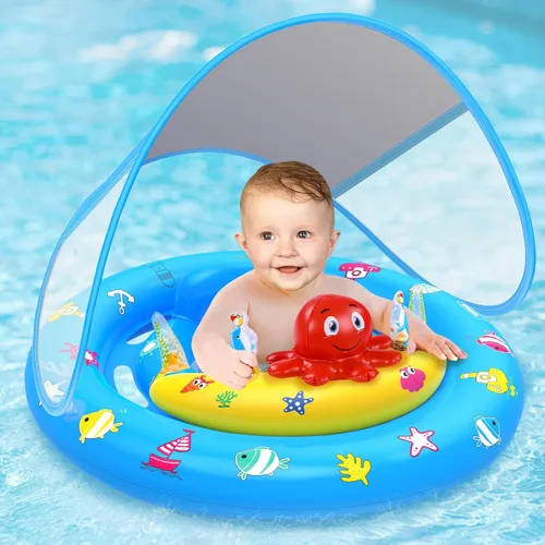 Flotador de piscina para bebé con toldo, flotador de natación inflable para bebés con protección solar UPF50+, flotador de piscina para bebés y
