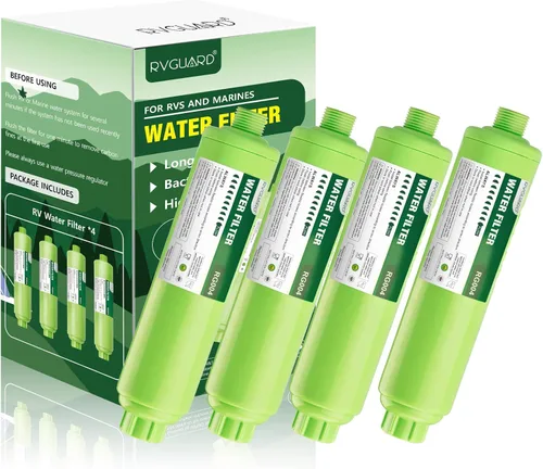 RVGUARD Filtro de agua en línea para RV, reduce olores, mal sabor, óxido, cloro, ideal para RV y uso marino, paquete de 4
