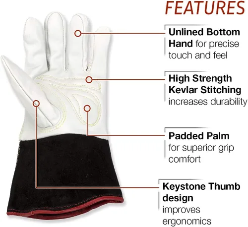 Miniatura 3 de Lincoln Electric Guantes de soldadura TIG Premium Cuero de grano superior Alta destreza Talla grande K2983-L, Blanco