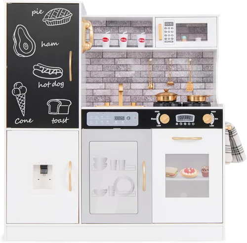 HONEY JOY Juego de cocina para niños de 39 pulgadas, juego de cocina grande de madera con pizarrón, teléfono, utensilios, horno, microondas,