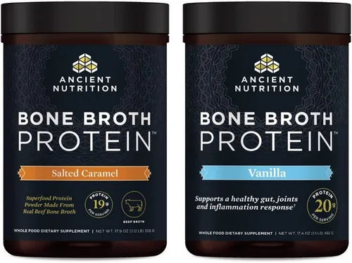Ancient Nutrition Polvo de proteína de caldo de hueso de res, caramelo salado, 20 porciones + polvo de proteína de caldo de hueso, vainilla, 20