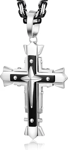 Miniatura 3 de LOLIAS Collar con colgante de cruz de acero inoxidable de 0197in para hombre cadena bizantina de 22 a 30 pulgadas