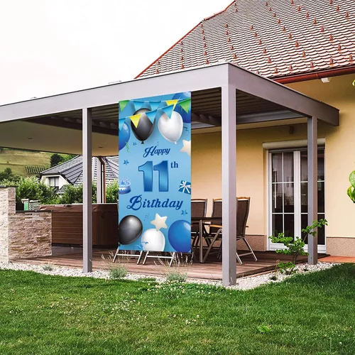 Miniatura 5 de Cartel azul de feliz cumpleaños número 11, globos de fondo de estrellas, confeti y saludos a los 11 años, decoración temática de puerta, porche