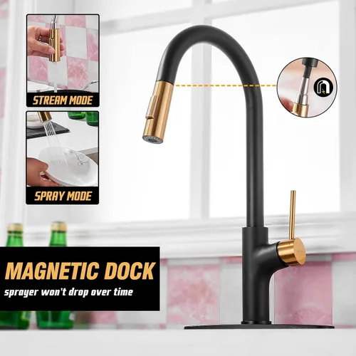 Miniatura 3 de Achelous Grifo de cocina negro y dorado con rociador magnético extraíble, grifos de fregadero de cocina de acero inoxidable extraíbles rv, de una