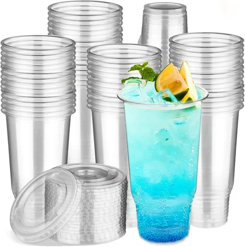 Vasos de plástico de 32 onzas con tapas, 60 vasos transparentes desechables para bebidas frías, postres, helado, café helado, té con leche