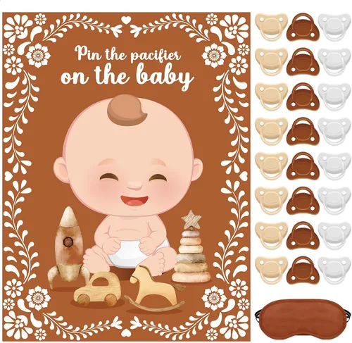 Miniatura 29 de Faccito Pin The Chupete - Juego de baby shower, decoración de fiesta de baby shower, incluye póster grande, 24 calcomanías para chupete, juego