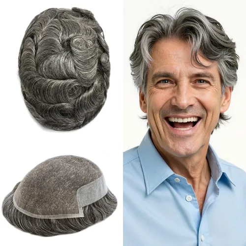 Miniatura 71 de LYRICAL HAIR Sistema de cabello humano con encaje frontal francés para hombres, tupé de piel de polietileno para hombres, línea capilar natural