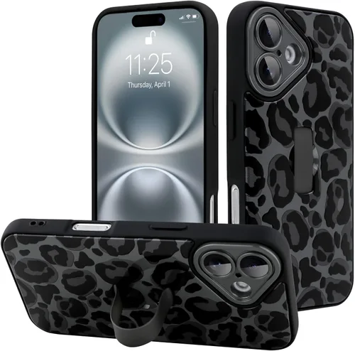 Miniatura 119 de Funda diseñada para iPhone 17 Pro Max con soporte plegable y correa para dedos, bonito patrón de lazo de corazón de flor rosa para mujeres y niñas