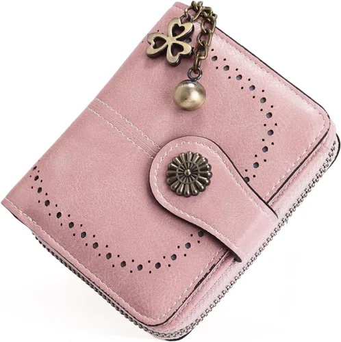 Miniatura 21 de Cartera pequeña para mujer, de piel, plegable, compacta, con bloqueo RFID, con bolsillo con cremallera para monedas, A01 Rojo Vino, Classic