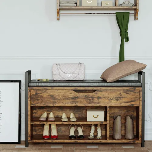 Miniatura 2 de IRONCK Banco de almacenamiento de zapatos, banco de entrada con caja de almacenamiento de tapa elevable, banco de metal y tablero para entrada