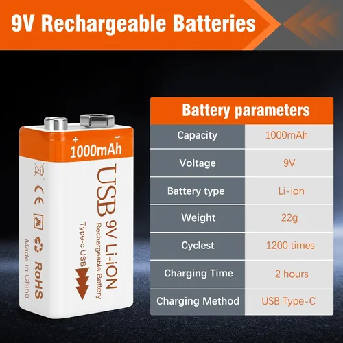 Miniatura 3 de Baterías recargables de litio de 9 V de 1000 mAh con cable de carga USB 2 en 1, batería de iones de litio 6f22 de 9 voltios para detector de humo