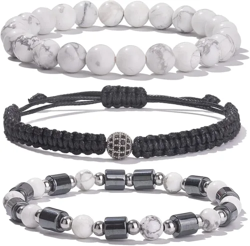 Lynnaneo Juego de pulseras de cuentas para hombre de 0.315 in y 0.157 in de piedras preciosas curativas trenzadas con dije de circonita cúbica,