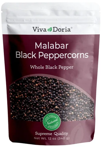 Viva Doria Malabar pimienta, pimienta negra entera, pimienta negra para molinillo de repuesto (12 onzas)
