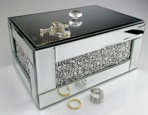 Miniatura 8 de BANQLE Caja de joyería caja de reloj organizador de maquillaje con espejo para tocador caja de tocador de cristal diamante triturado plateado
