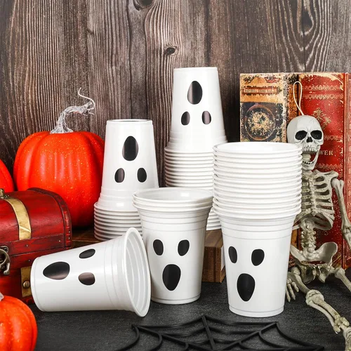 Miniatura 3 de 50 vasos de plástico de Halloween de 12 onzas con diseño de fantasma blanco y negro, tazas desechables espeluznantes para fiestas de Halloween