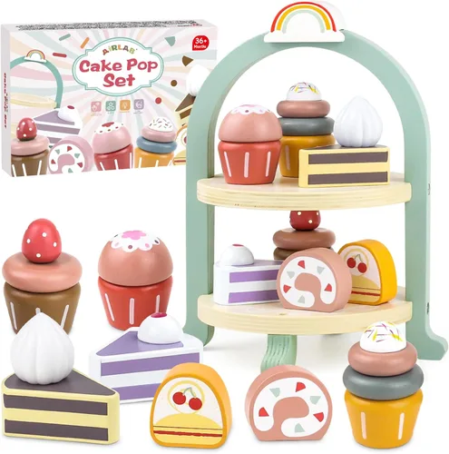 Juego de juguetes de madera para tartas, juego de fiesta de té, juguete de comida de postres con soporte para cupcakes, accesorios de cocina para