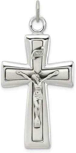 Colgante de cruz INRI de plata de ley 925 maciza con dije de crucifijo - 1.614 in x 0.787 in, Metal, No es una piedra preciosa