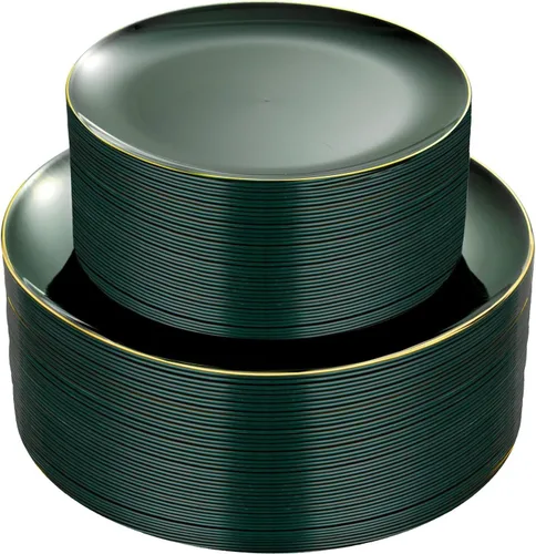 PULOTE 100 piezas de platos de plástico verde - Platos desechables verdes con borde dorado - Incluye 50 piezas de cena de 10.25 pulgadas, 50 piezas