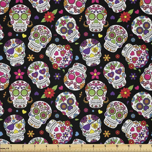 Miniatura 21 de Ambesonne The Yard, tela de calavera colorida con temática de Halloween, diseño de calavera y huesos cruzados, divertido estampado de dibujos