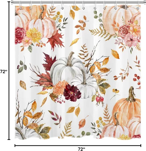 Miniatura 8 de Cortina de ducha de otoño para baño, cortina de ducha floral de calabaza rosa y naranja con hojas de arce sobre blanco con ganchos, cortinas de baño