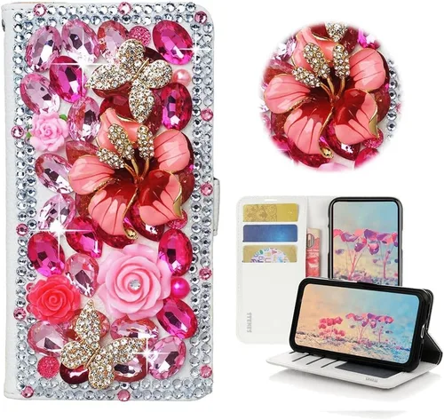 Bling - Funda tipo cartera para teléfono compatible con Samsung Galaxy S20 FE 5G, elegante, 3D hecha a mano, flores florales, mariposas, magnética,